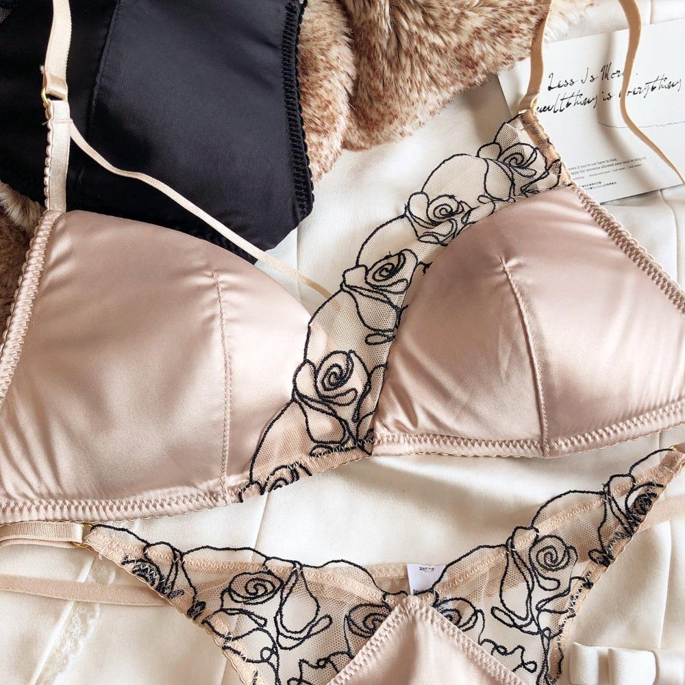 Summer Women Underwear Sexy Lace Embroidery Bra Set French Thin Cup Silken Wireless Bralette Ladies Lingerie Briefs With Thong