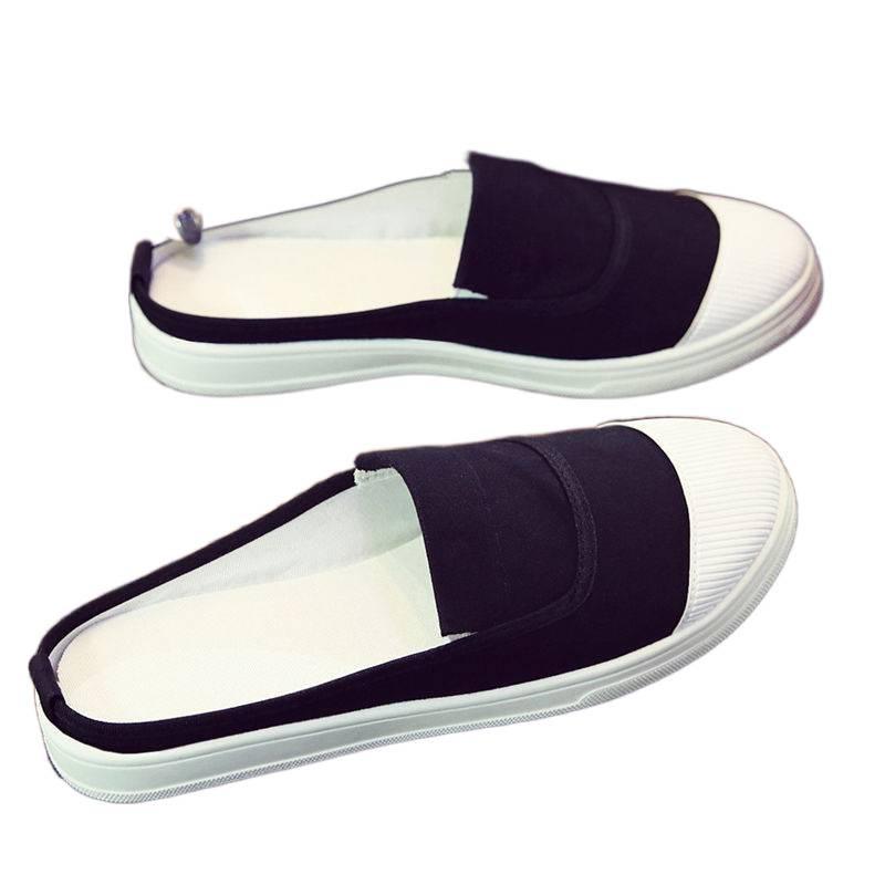 Versatile summer canvas half slippers female student Korean version of little white shoes without heel lazy shoes cool slippers female