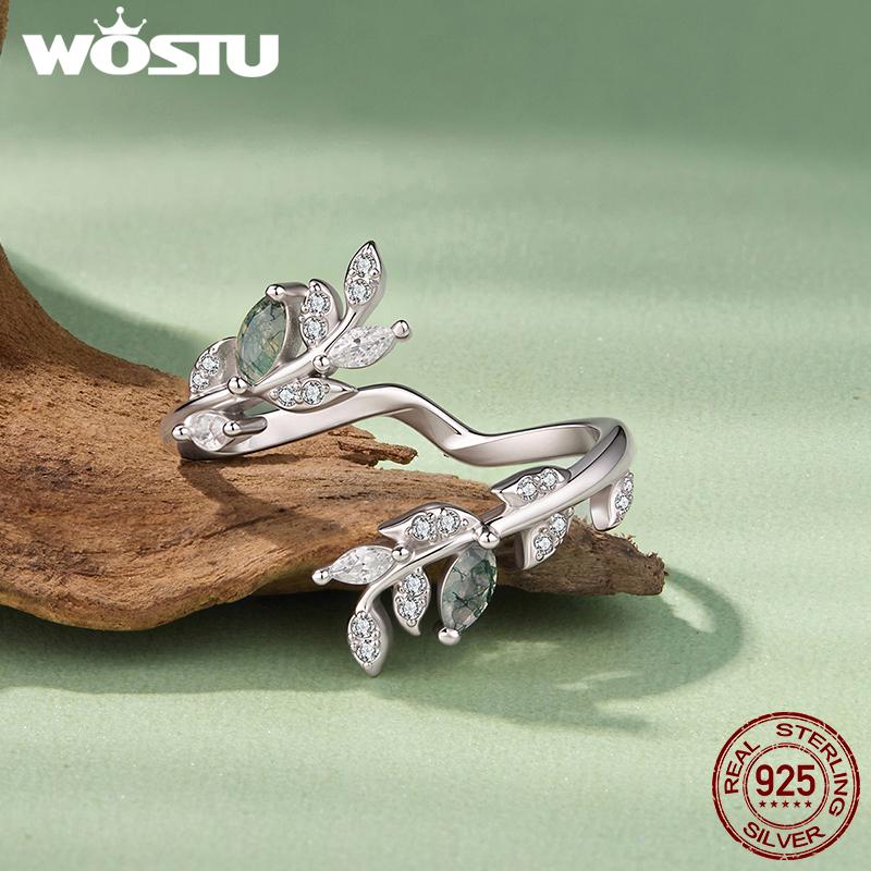 WOSTU Natural Moss Agate Leaf Stackable Ring For Women 925 Sterling Silver Open Rings With CZ Inlaid Vintage Gems Party Jewelry