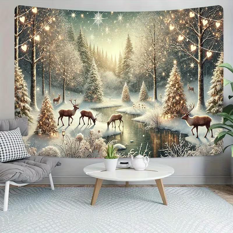 2D Snowy Winter Forest Backdrop, Christmas Reindeer Tapestry
