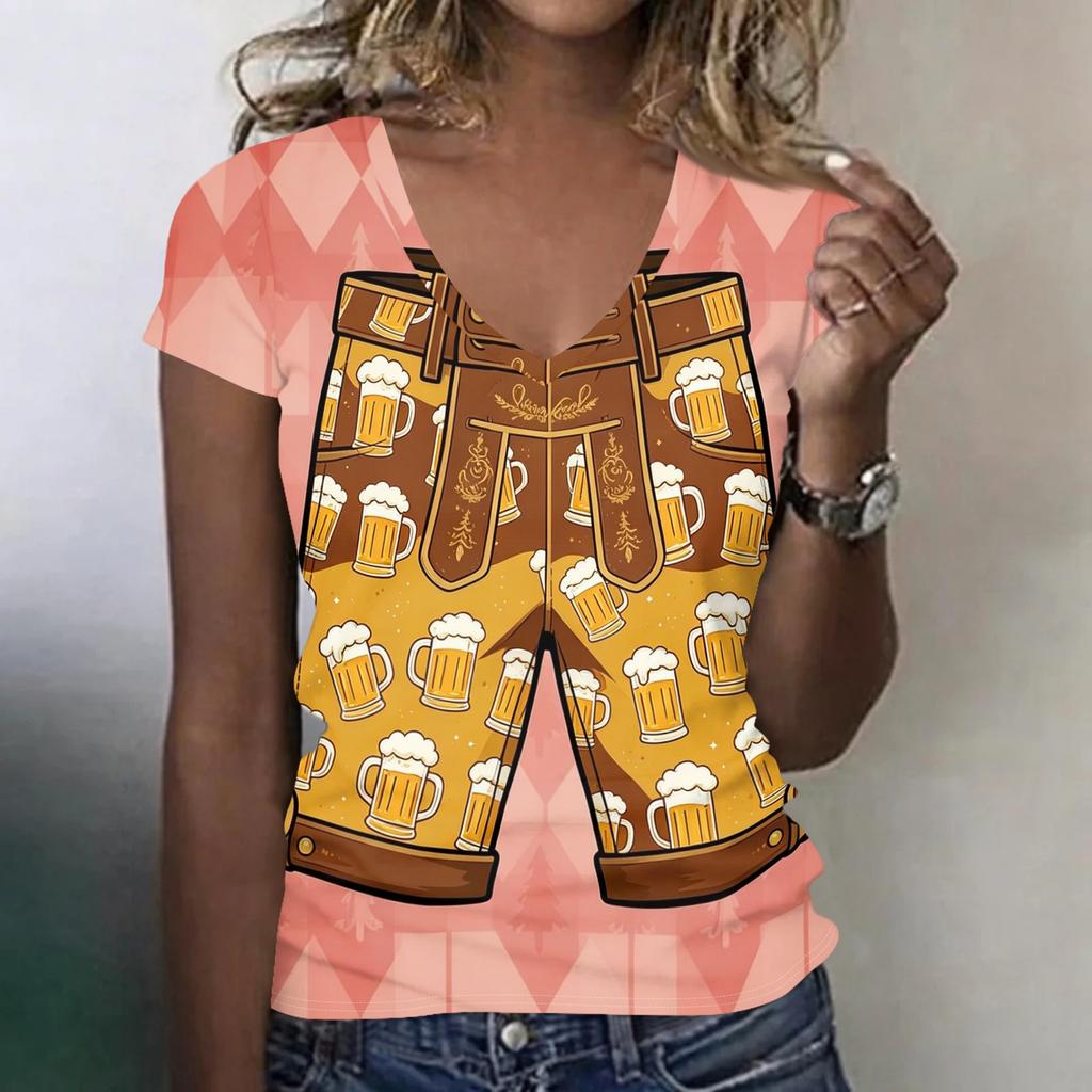 Women's Casual V Neck Short Sleeve T Shirt Oktoberfest Print Top Lightweight Soft Fabric Relaxed Fit Tee for Everyday Wear