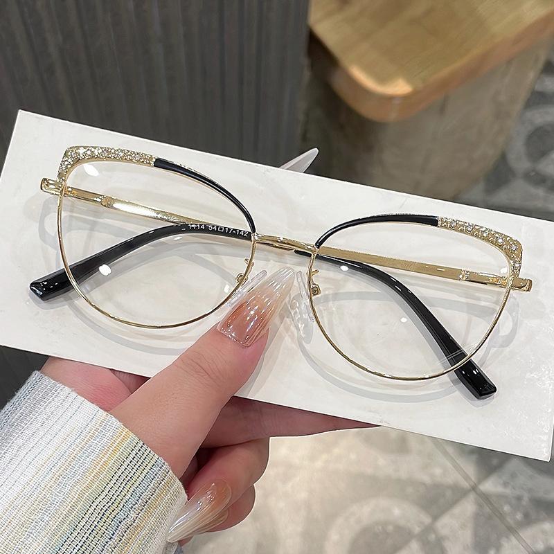 Senior Cat Eye Metal Glasses Women Men Rhinestone Metal Frame Computer Eye Protection Anti Blue Light Eyeglasses