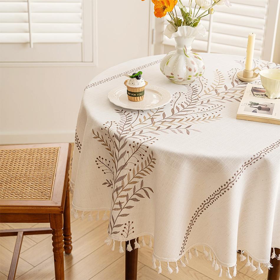 Round Embroidery Tablecloth Cotton Linen Flower Dust Proof Table Cover, for Kitchen Dining Room,Party,Birthday Tabletop Decor