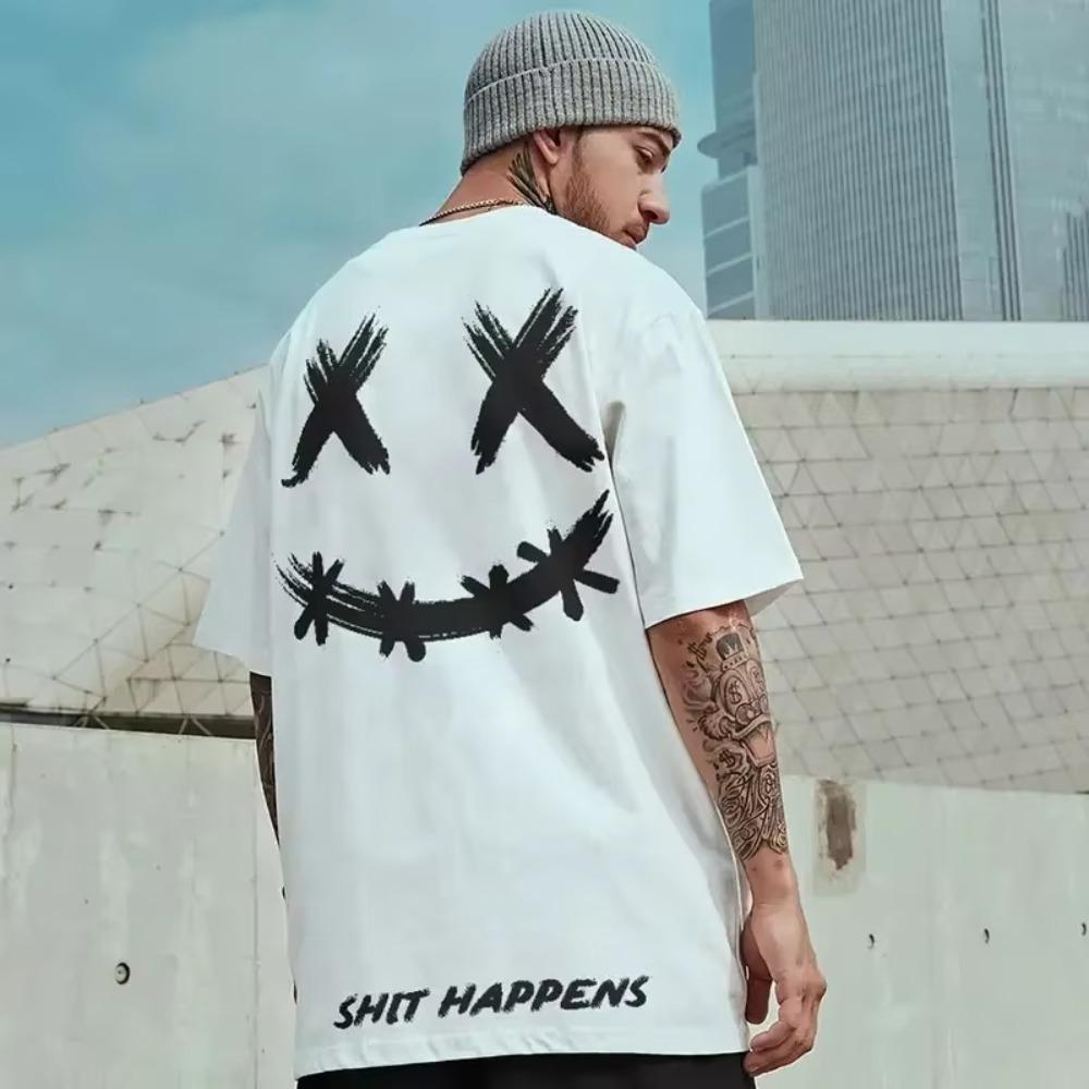 2023 T-shirt Summer New Fashion Men's Smiling Face Letter Print Pattern Casual Loose Street Fitness High Quality Cotton Top