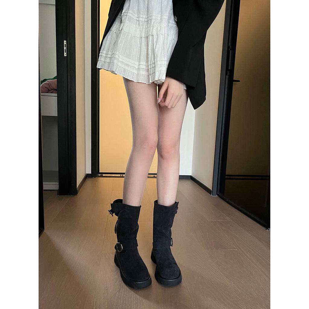 Cowhide Version Stacking Boots Women's Boots King Fried Medium Tube Thick-soled Stacking Boots Are Thin, Cover Meat and Show Legs, Long Autumn and