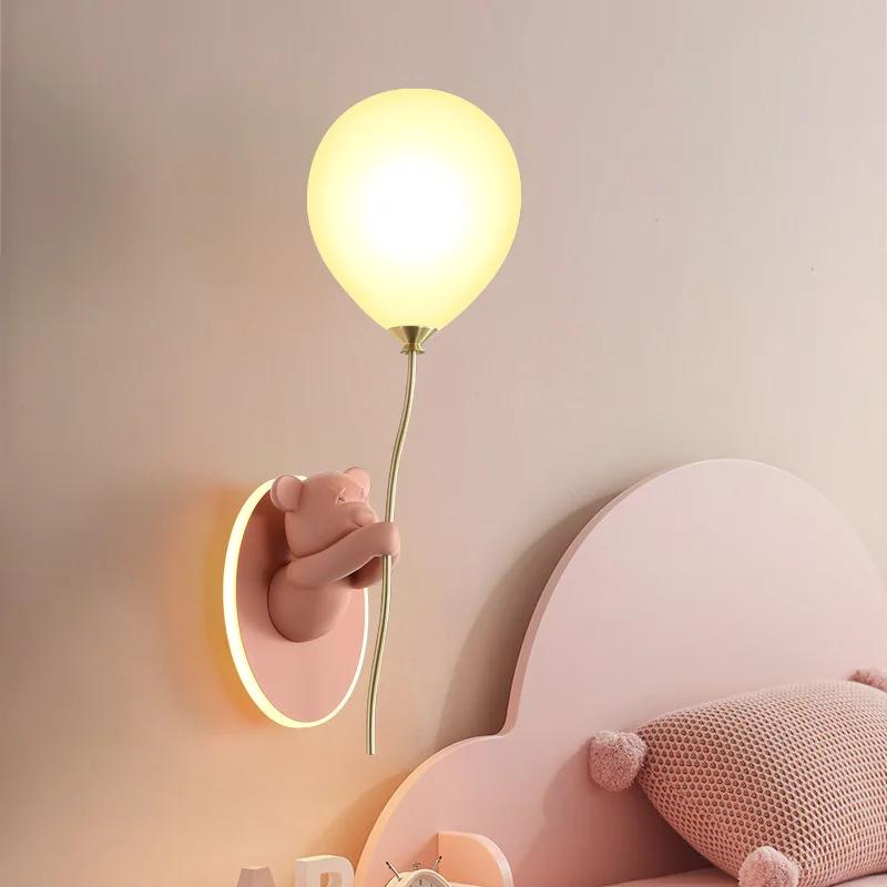 Children's Room LED Wall Light Pink Balloon Bear Wall Light Modern Warm Princess Room Nursery Girl Boy Bedroom Bedside Light