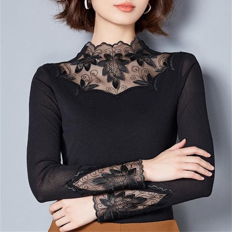 Hollow Out kobiety styl wiosenny i jesienny koronkowe bluzki koszule Casual z długim rękawem Patchwork łączone golfem Blusas topy