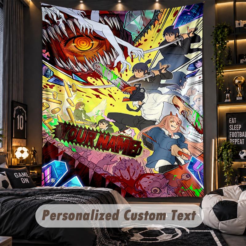Personalized Wall Tapestry,Chainsaw Man Custom Printed Name, Fabric Wall Art For Indoor Room Backdrop