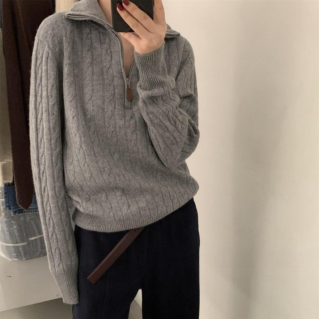 Retro stand-up collar half-zipper twist sweater for women's autumn and winter fashion high-end sense soft waxy outer knitted top for women