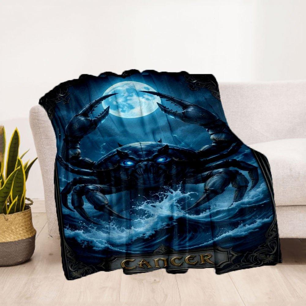 Zodiac Cancer Crab Moonlight Ocean Art Print PosterBlanket Flannel Throw Blanket for Sofa, Bed, Travel, Camping, Office, Couch, Chair