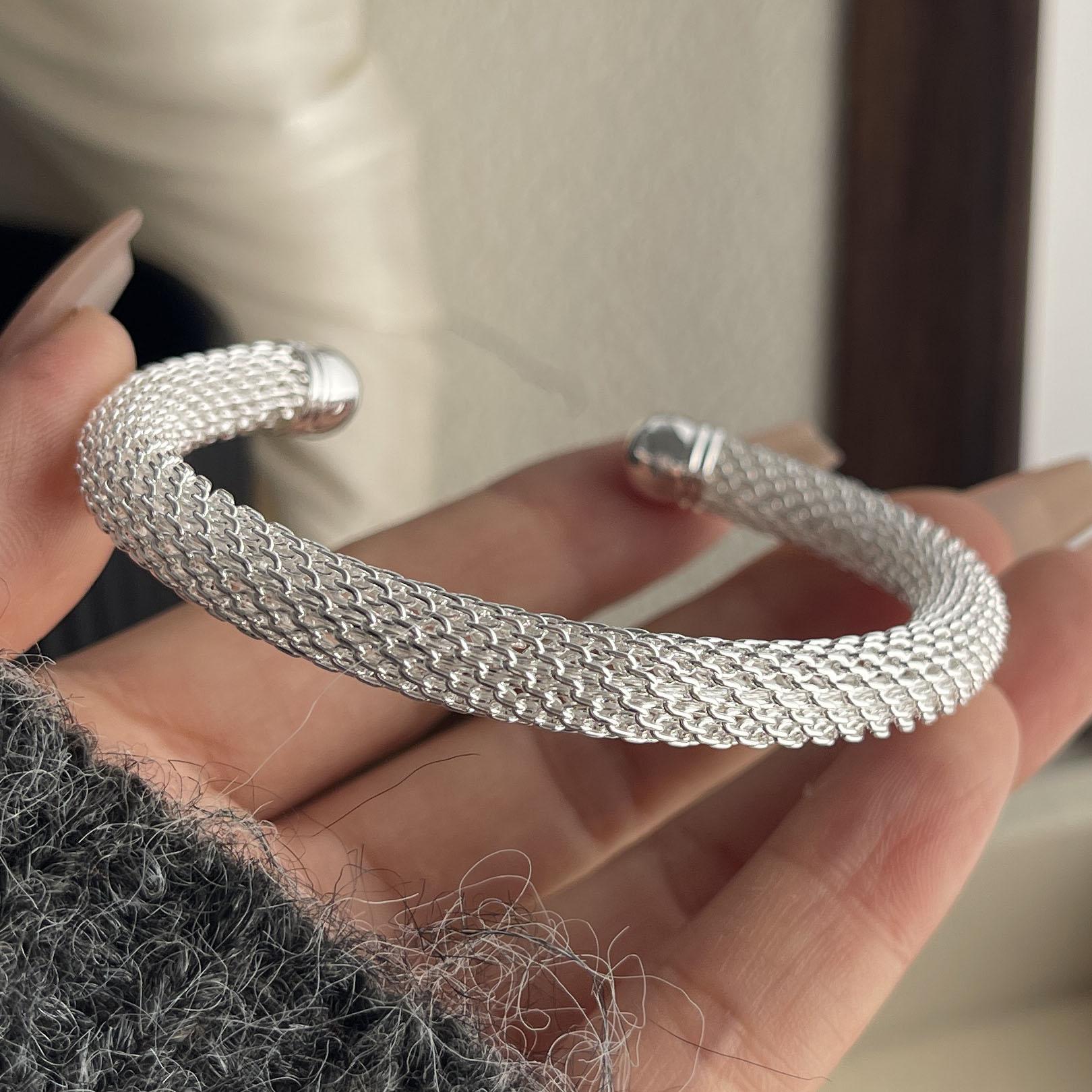 

100% Solid 925 Sterling Silver Retro Bracelet for Women Men Vintage Handmade Wide Web Pattern Simple Bracelet Birthday Gift