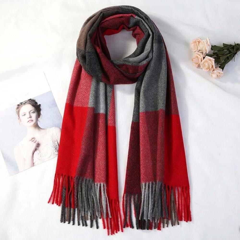 Polyester Knitted Wool Scarf Soft Long Neckscarf with Tassel Soft Classic Plaid Scarf  Women
