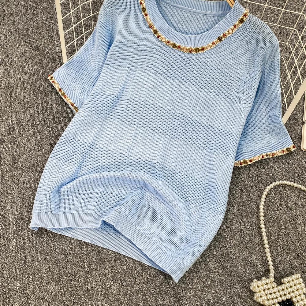 Summer Women O-neck Short Sleeve Sequined Knitted Sweater Pullover Tops