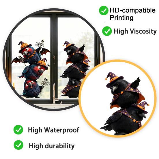 Static Glass Sticker, Traceless Reusable Window Decal, Halloween Bird Shapes Wizard Hat Crow Colorful Parrot Skull Spider Web Window