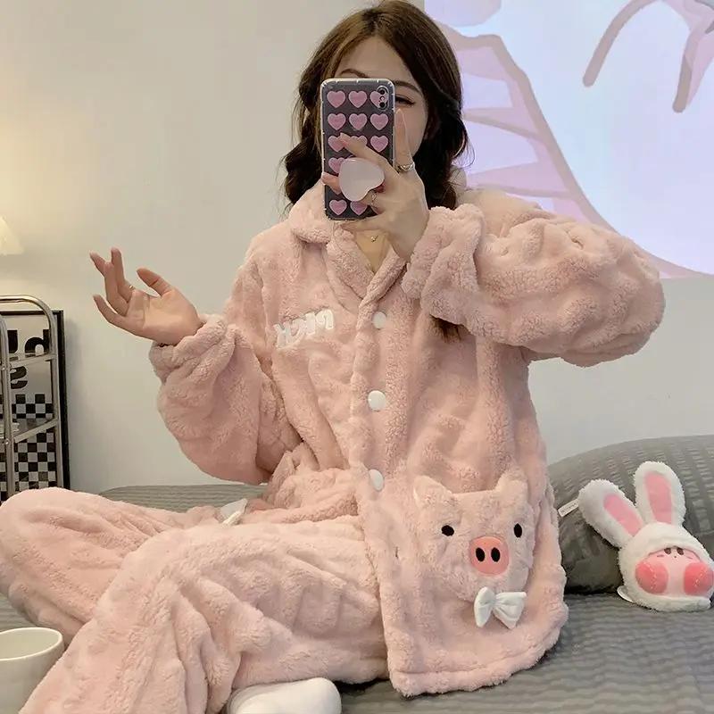 

Мультяшный милый комплект пижамы для девочек из осенне-зимнего кораллового бархата, утолщенный теплый носимый комплект домашней одежды 2XL