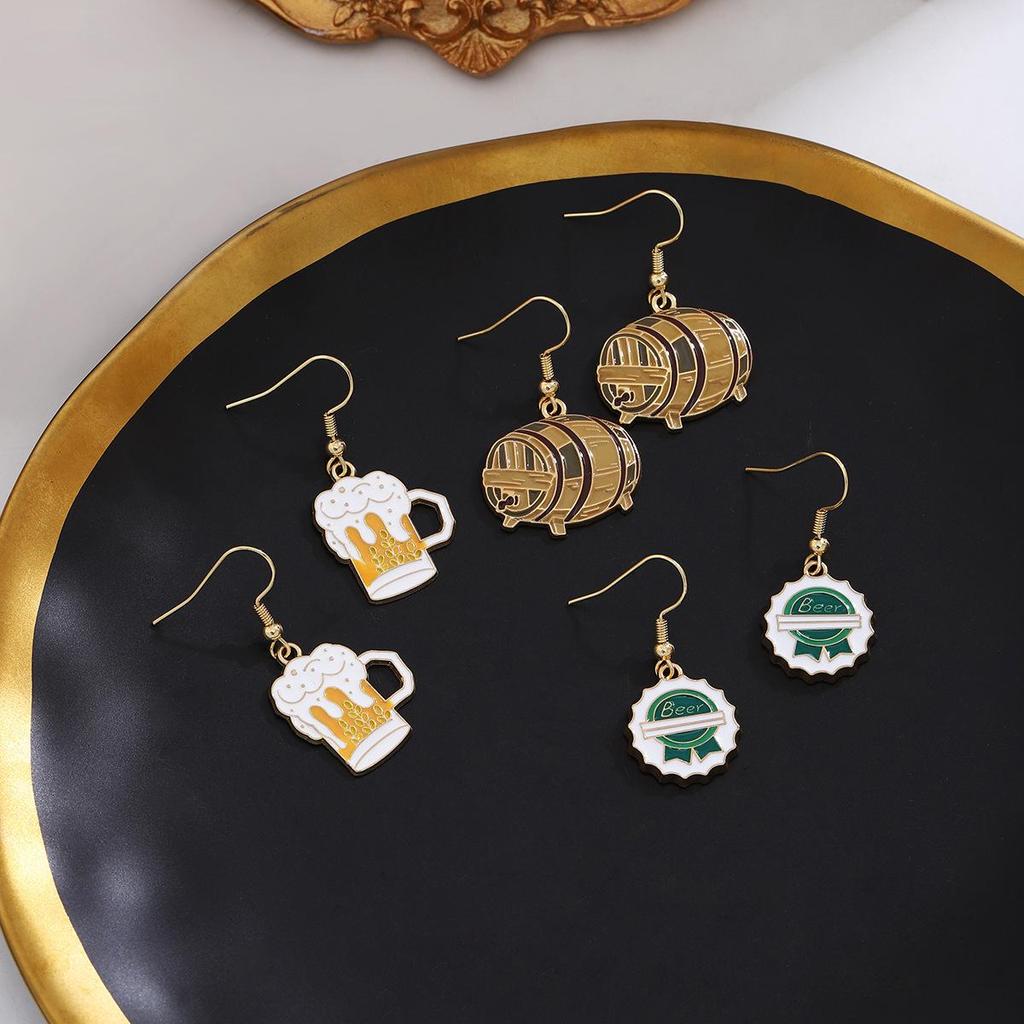 Cross-Border Creative Beer Festival Bottle Cap Barrel Earrings with Fun Stylish Oil Drip Design