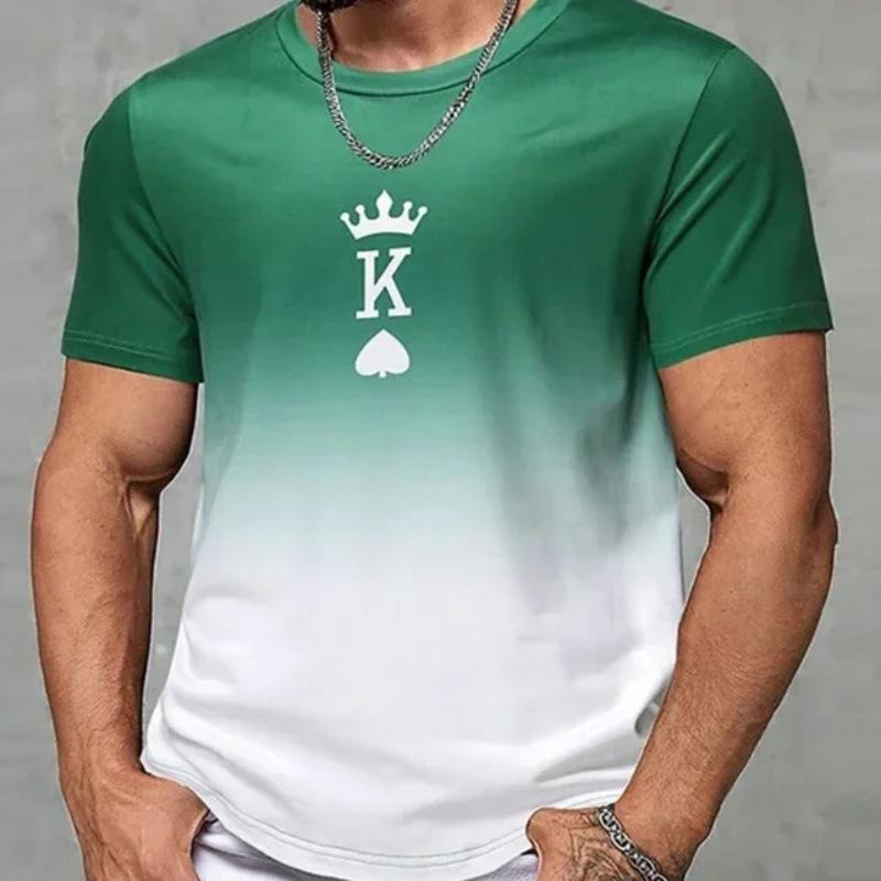 Summer Round Neck 3D Gradient Spade K Pattern Print Top Fashionable Casual Short Sleeved Men's T-shirts