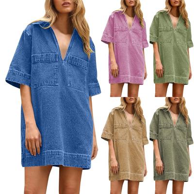 Womens  Denim Dress Summer Deep V Neck Half Sleeve Collared Loose  Jean Dress With Pockets
