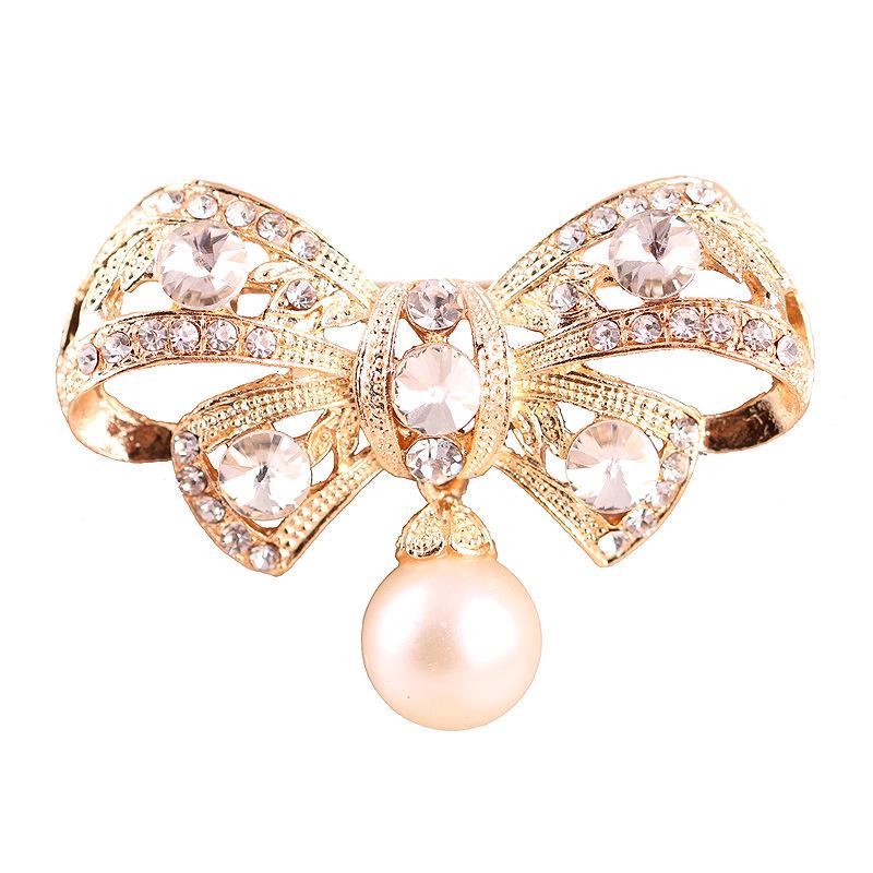 Handmade Bow Pearl Crystal Brooch Wedding Pin Female Buckle Exquisite Hypoallergenic Luxury Enamel Long-lasting Color Accessory