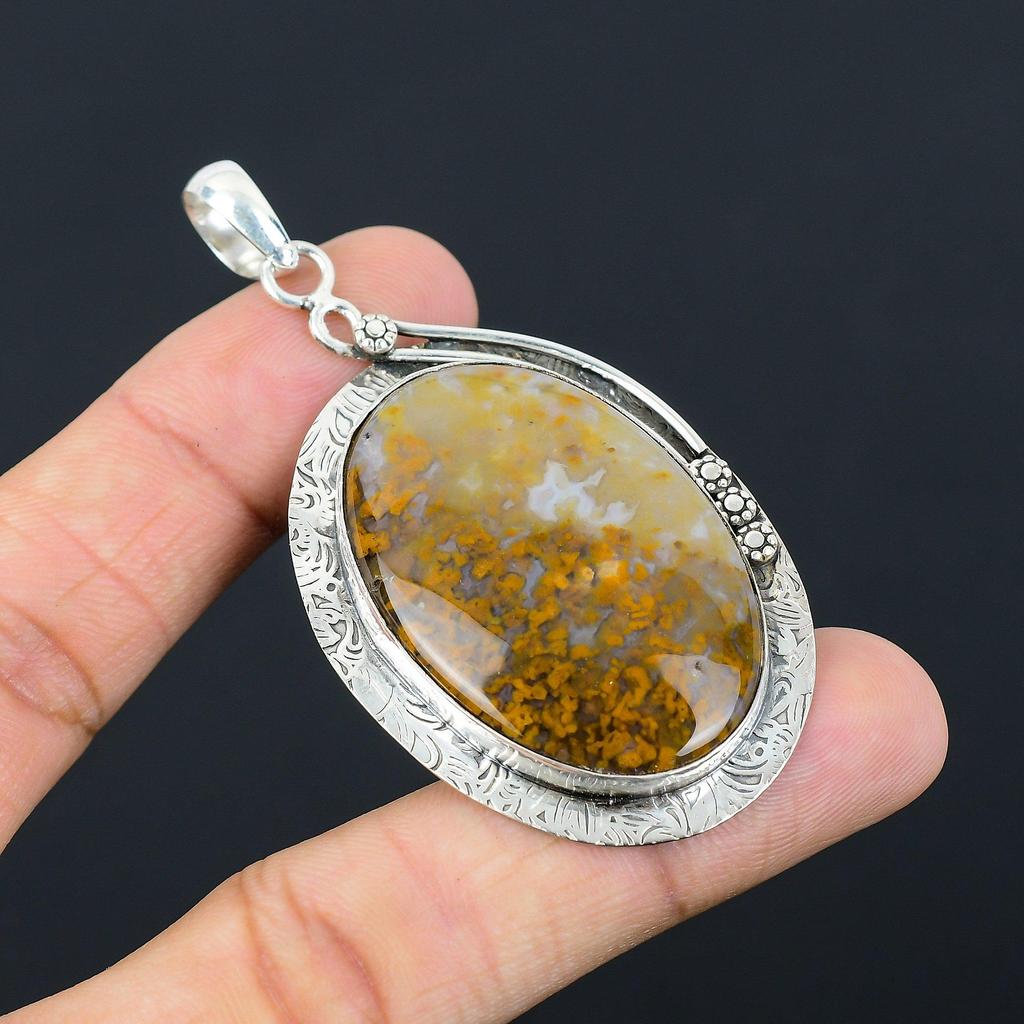925 Sterling Silver Oval Natural Plume Agate Engagement Sister Pendant Jewelry