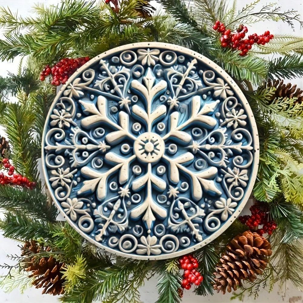 Vintage Round Metal Wall Art Blue Snowflake Farmhouse Decor