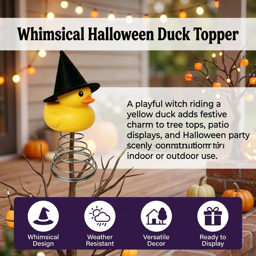 Halloween Witch Yellow Duck Tree Topper 27cm Metal Plastic Weather Resistant Decor For Christmas Tree Yard Home Party