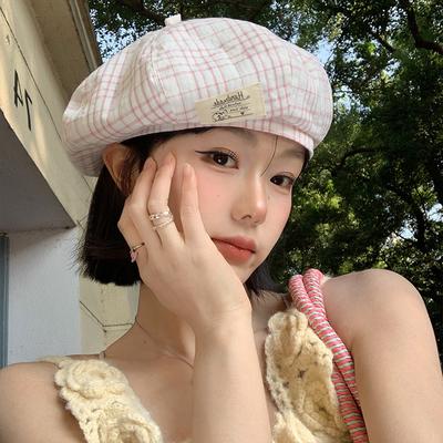 Japanese Style Pink Plaid Beret Hat Women Spring New Fashion Face Slimming Painter Octagonal Cap