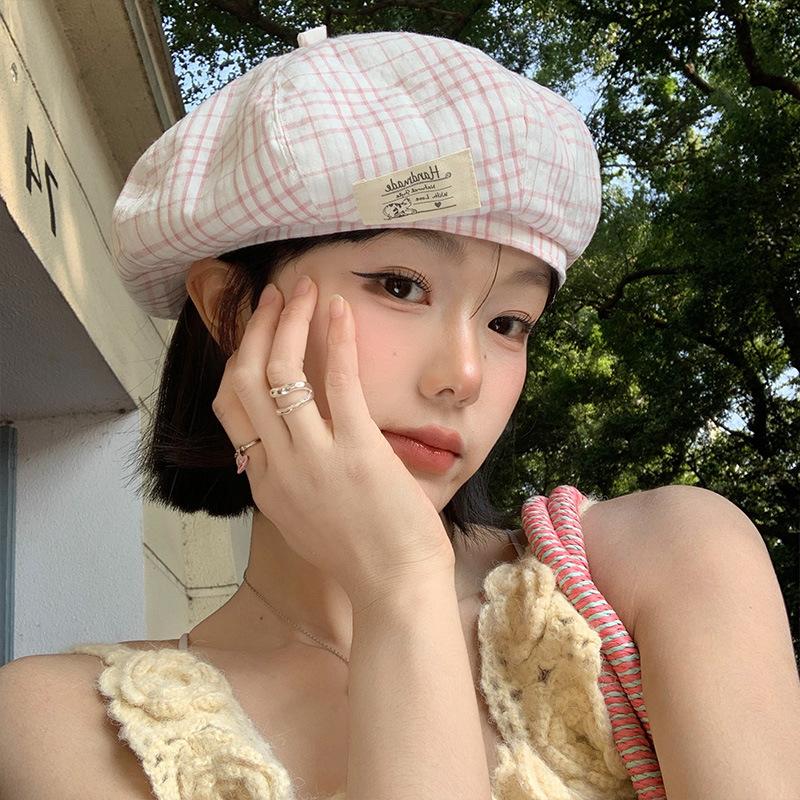 Japanese Style Pink Plaid Beret Hat Women Spring New Fashion Face Slimming Painter Octagonal Cap
