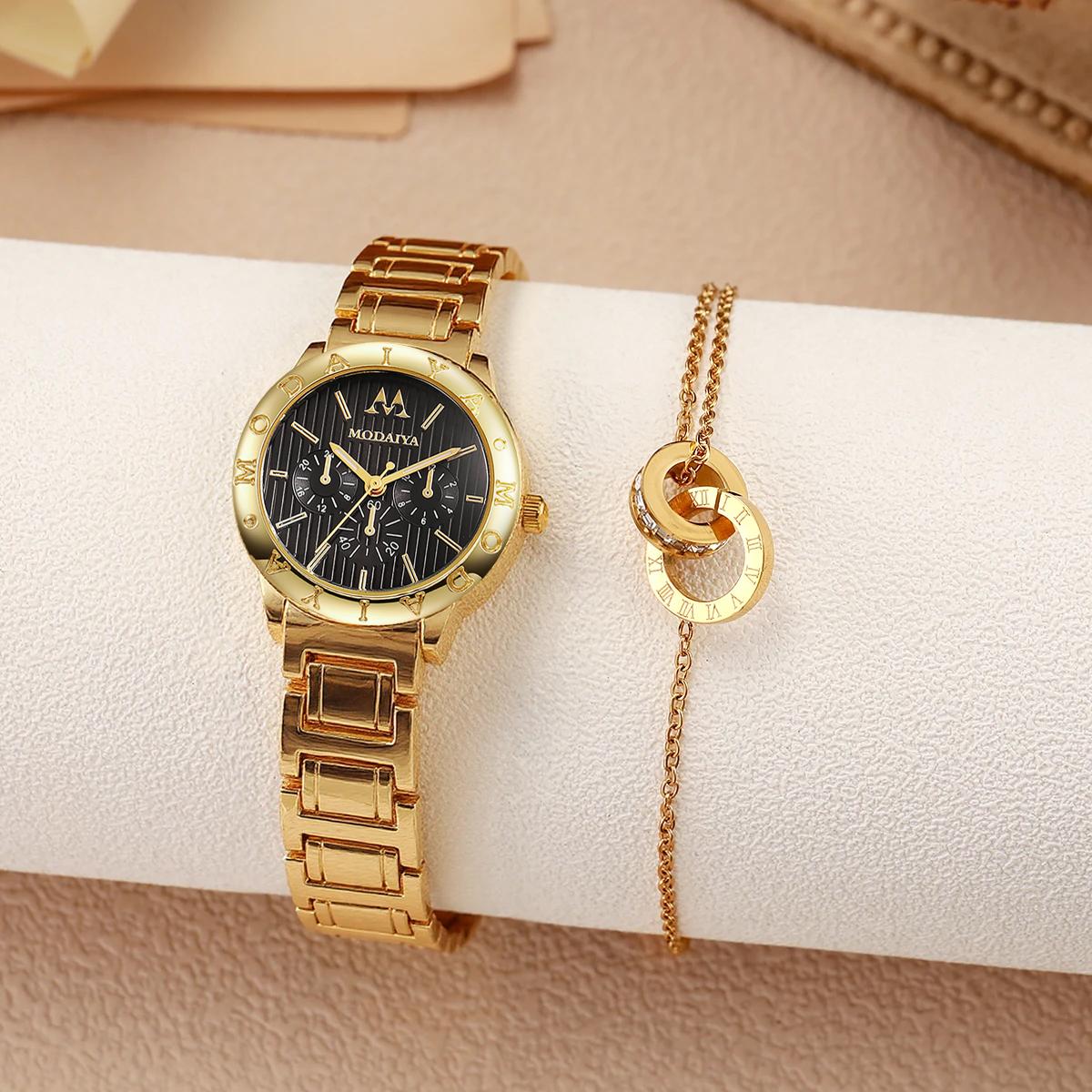 

Fashion Light Luxury Elegant Round Dial Women Quartz Watch Bracelet Set of 2 for Christmas Thanksgiving Gift чёрный