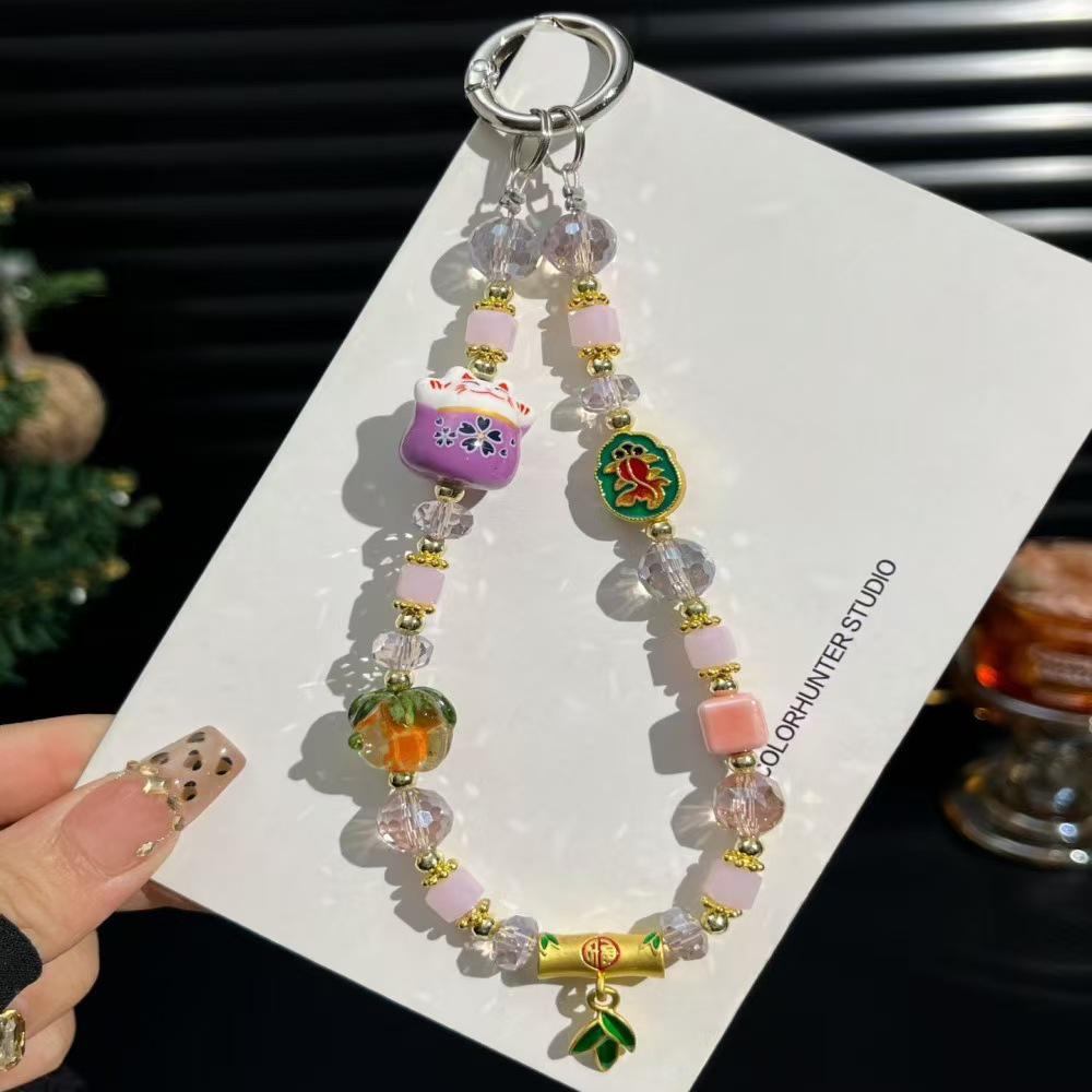 New Lucky Cat Persimmon Mobile Phone Lanyard: Chinese Style Glazed Crystal Charm for Phones, Bags, and Keyrings