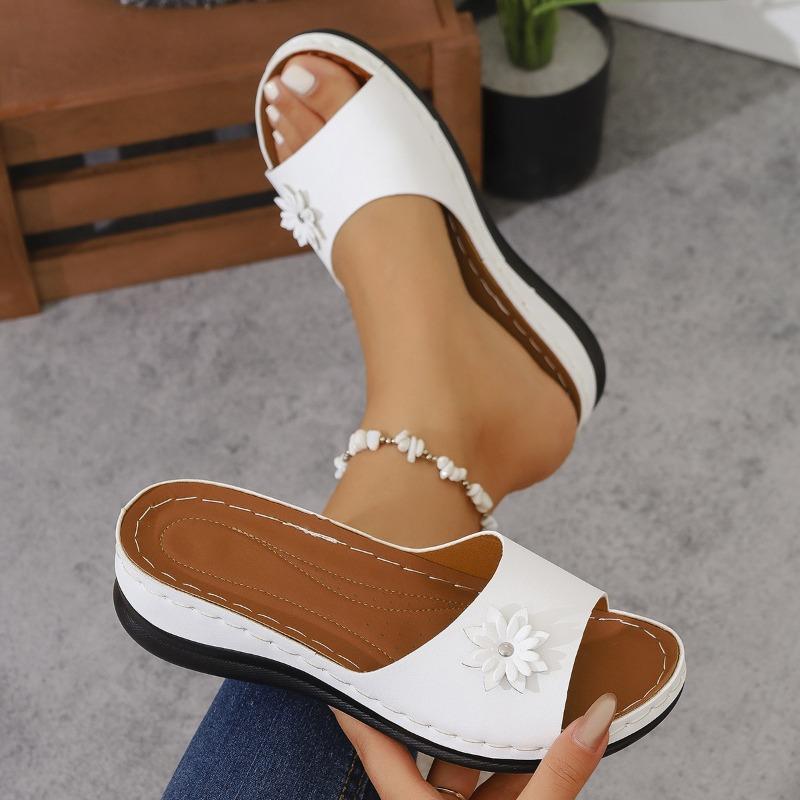 

Summer new slope heel flower fish mouth large size slippers sewing line women s casual sandals 36