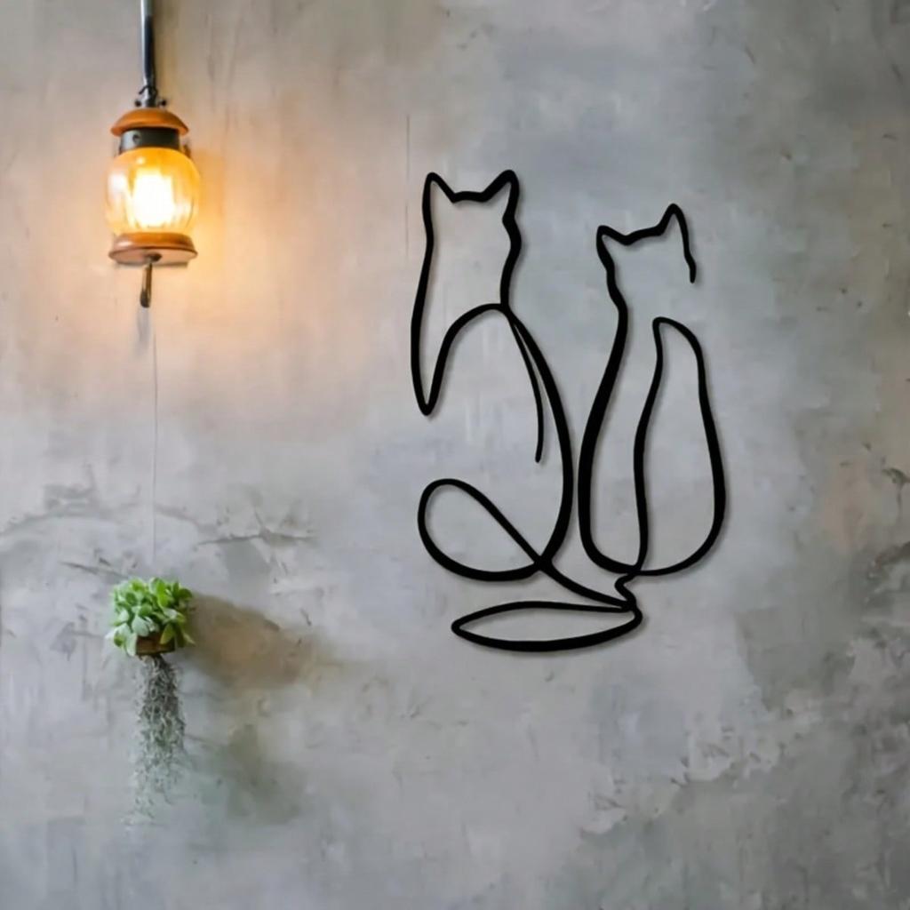 Simple Lines Art Metal Wall Decor Geometric Animal Cat Love Theme Mural