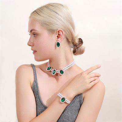 Double-Layer Imitation Pearl Colored Rhinestone Collarbone Chain Bracelet Stud Earrings, Light Luxury High-End Fashion Jewelry Set