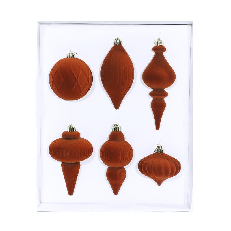 Set of 6 Irregular Mocha Mousse Christmas Tree Flocking Balls