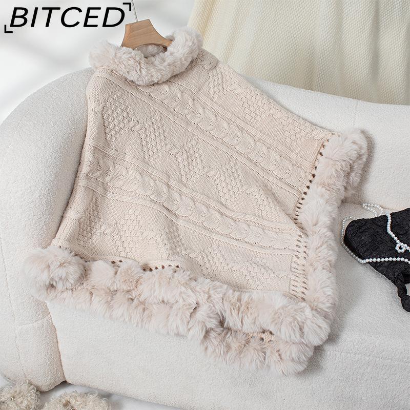 BITCED Oversized Fall/Winter Warm Faux Rabbit Fur Collar Cape Chunky Cable Knit Sweater Jacket
