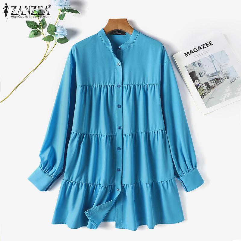 

ZANZEA Женская повседневная свободная блузка на пуговицах с круглым вырезом и длинными рукавами