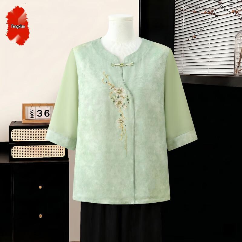 Women s New Chinese Style Floral Blouse 2XL зелёный