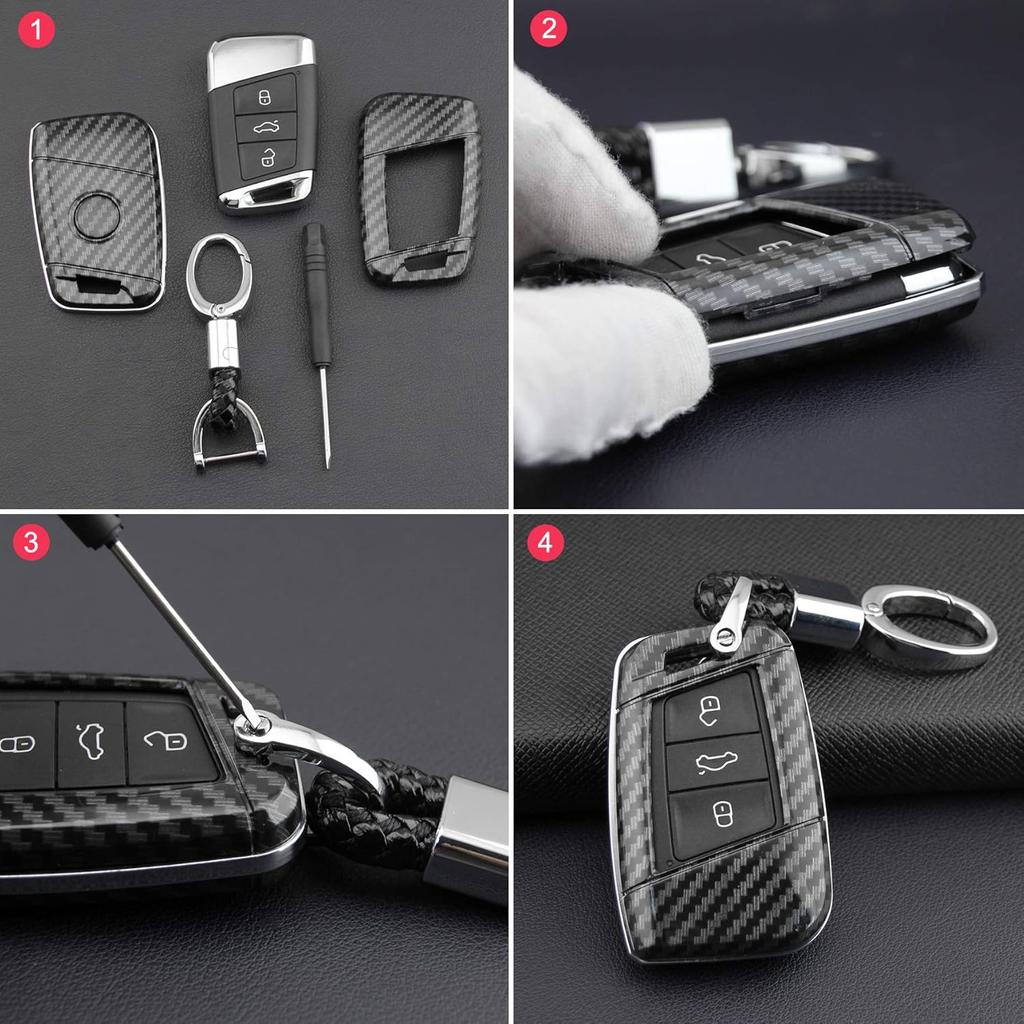 For Volkswagen VW Key Fob Cover, ABS Carbon Fiber Pattern Car Key Case Protector for 2017-2022 2023 VW Atlas Jetta Passat Tiguan Arteon Golf Skoda