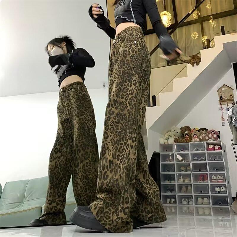 

Leopard print denim jeans casual vintage style boyfriend wide-leg pants L