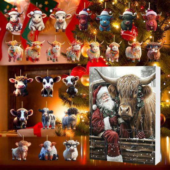 Yousheng Highland Cow Ornaments Advent Calendar 2025 24 Days Christmas Countdown Calendar with Cartoon Cows Ornament for Xmas Tree Decor