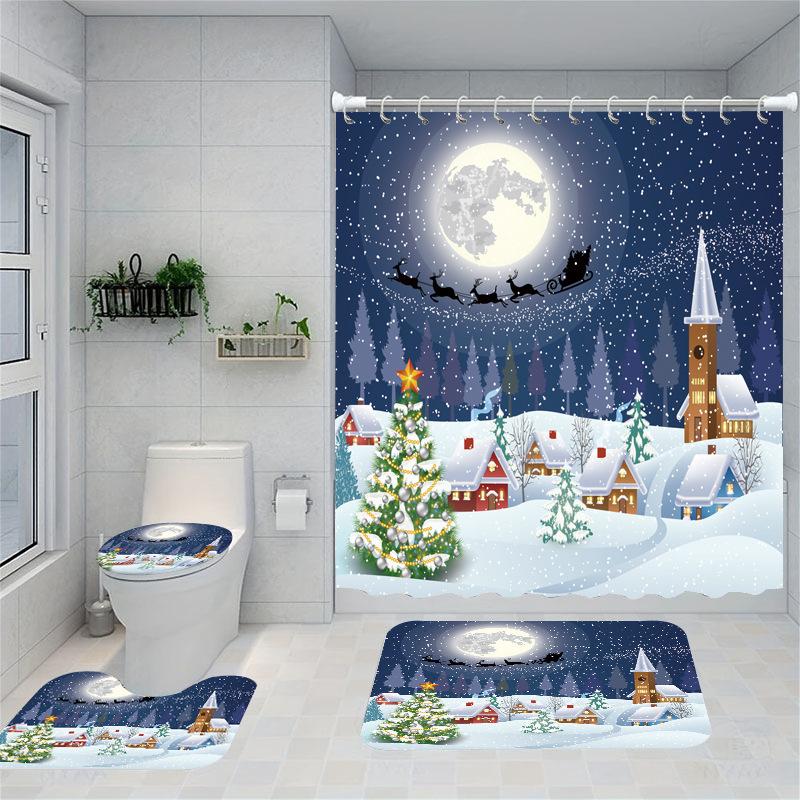 Christmas Series Shower Curtain Digital Printing Bathroom Shower Curtain Four-Piece Polyester Shower Curtain