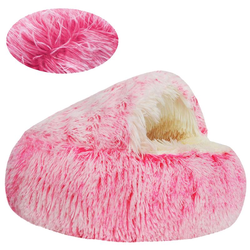 Fluffy Warming Cat Cave Bed Calming Dog Bed Semi-closed House  Donut Dog Cuddler Bed Machine Washable Round Pet Bed