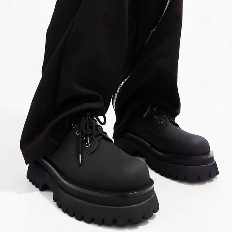 Fashion Round Toe Lace-Up Derby Shoes Women/men 2025 Spring New Casual Black Heightening Leather Shoes Platform Microfiber Leather Shoes