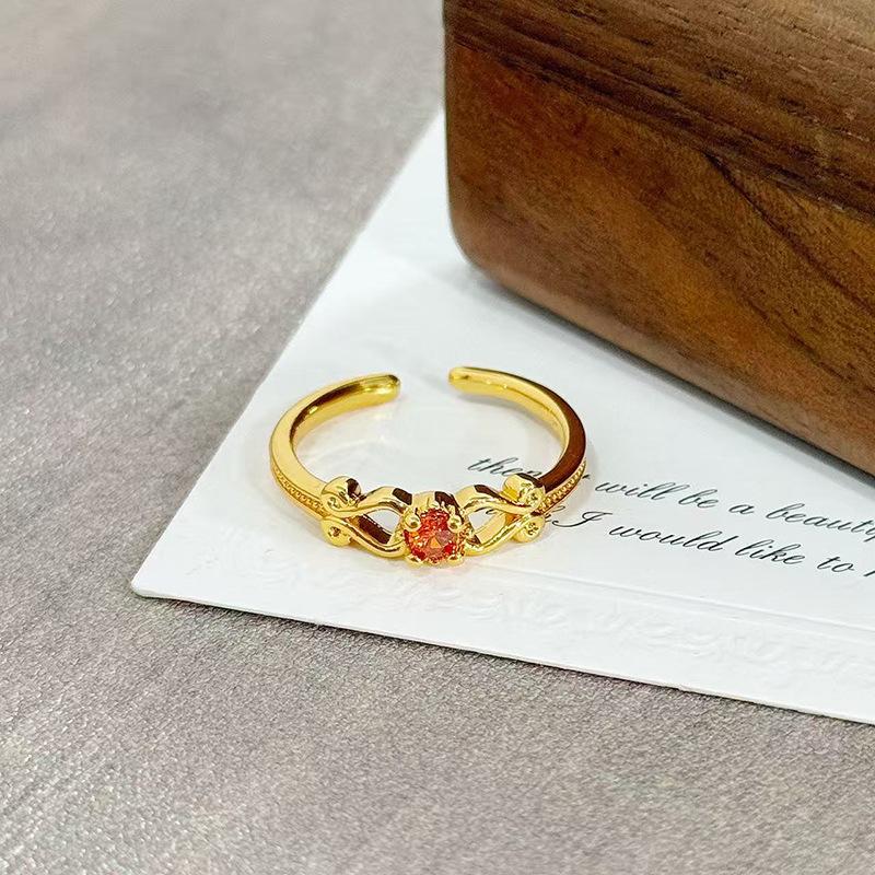 Medieval Vintage Orange Red Zircon Inlaid Simple Open Ring Female Retro Flower Temperament Niche Index Finger Ring