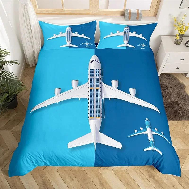 3D Airplane Duvet Cover King Aircraft Transportation Bedding Set Microfiber Globe Comforter Cover Helicopter Decor Quilt Cover