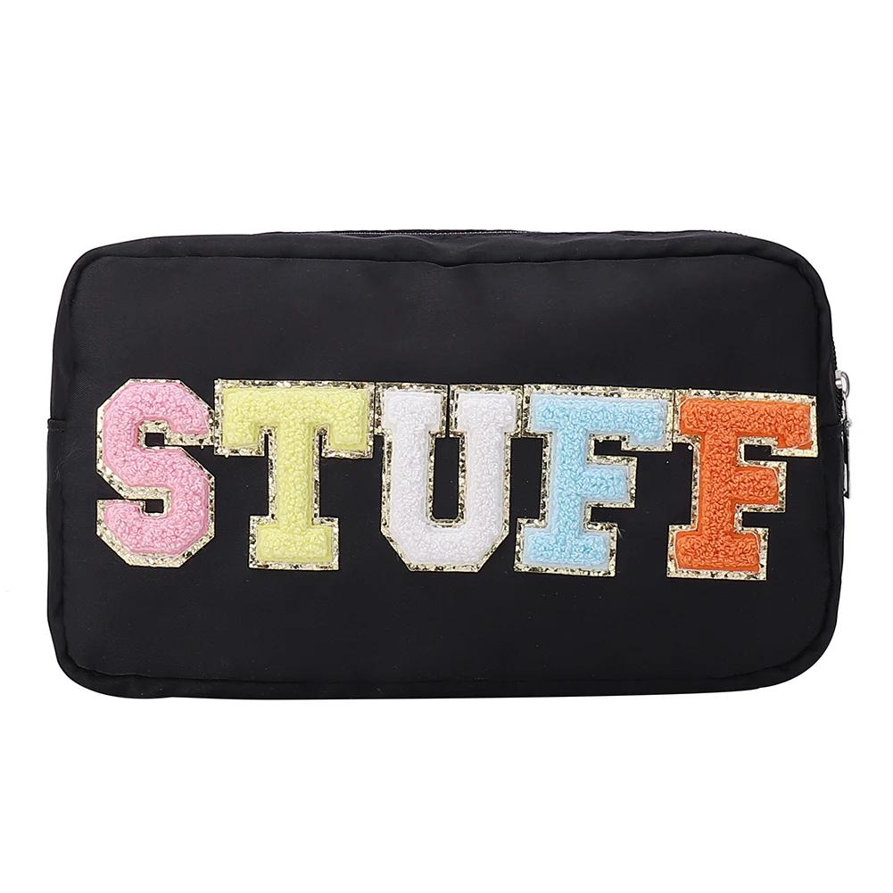 Casual Toiletry Bag Embroidery Letter Patch Travel Organizer Portable Zipper Female Cosmetic Bag Waterproof Nylon for Lady Girls