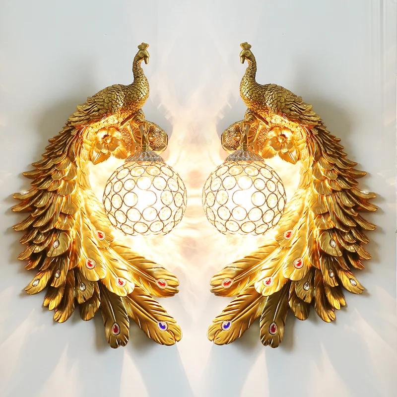 Nordic Retro Dual Color Peacock Wall Lamp Creative Gold White Lamps LED Crystal Metal Light Corridor Decoration