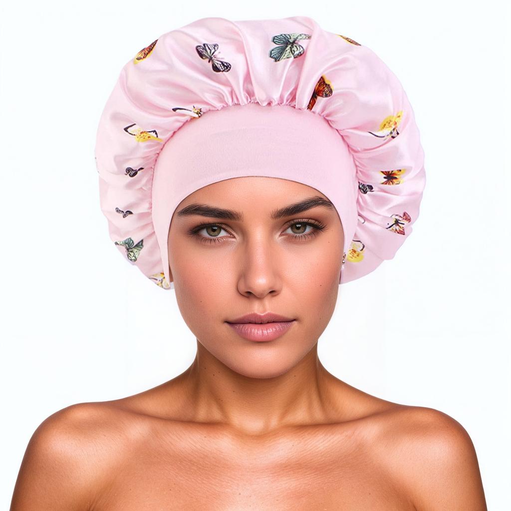 1pc Elastic Wide Brim Satin Sleeping Cap With Butterfly Print, For Beauty Hair Care, Bonnet, Shower Cap, Hair Products For Barber Salon