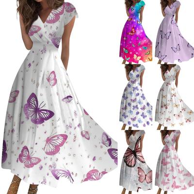 Damen Sommerkleid, lang, lässig, kurzärmlig, V-Ausschnitt, Tailleneinzug, bedruckt