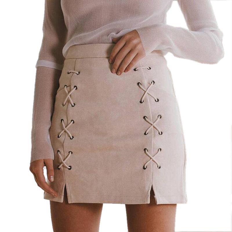 Women Zipper High Waist Bandage Chamois Solid Color Package Hip Mini Skirt